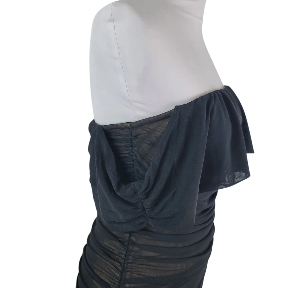 Off-Shoulder Black Ruched Bodycon Dress - Picture 4 of 11